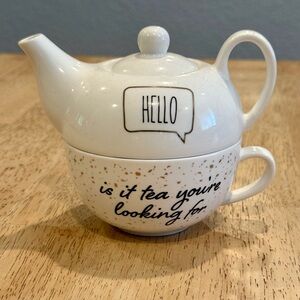 Coco & Lola White Ceramic Teapot and Cup Set w/ gold spec design